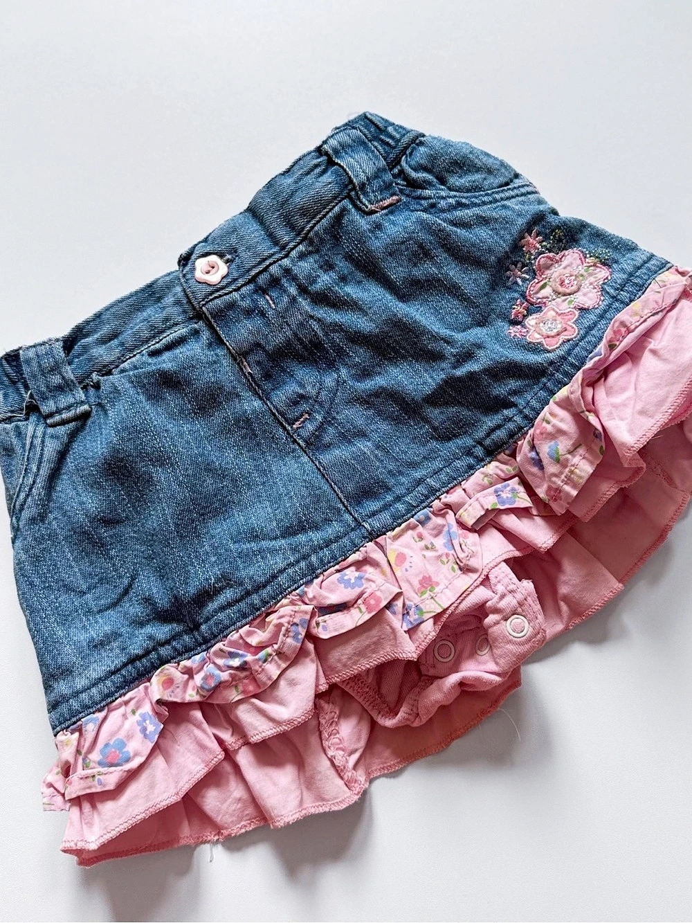 Y2K George Kids Denim Ruffle Skirt in Blue & Pink Like New